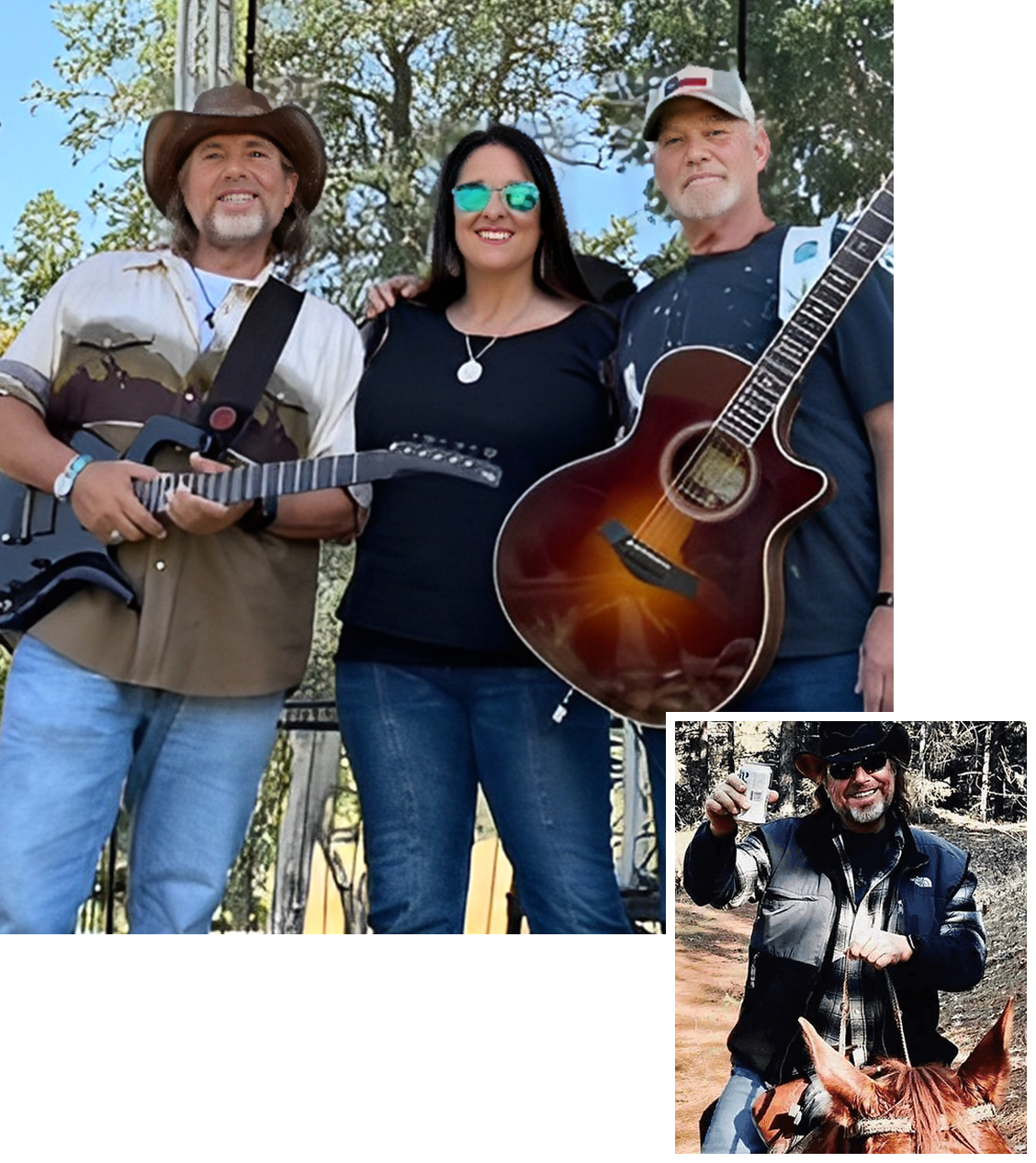Three musicians posing outdoors with guitars, smiling brightly.