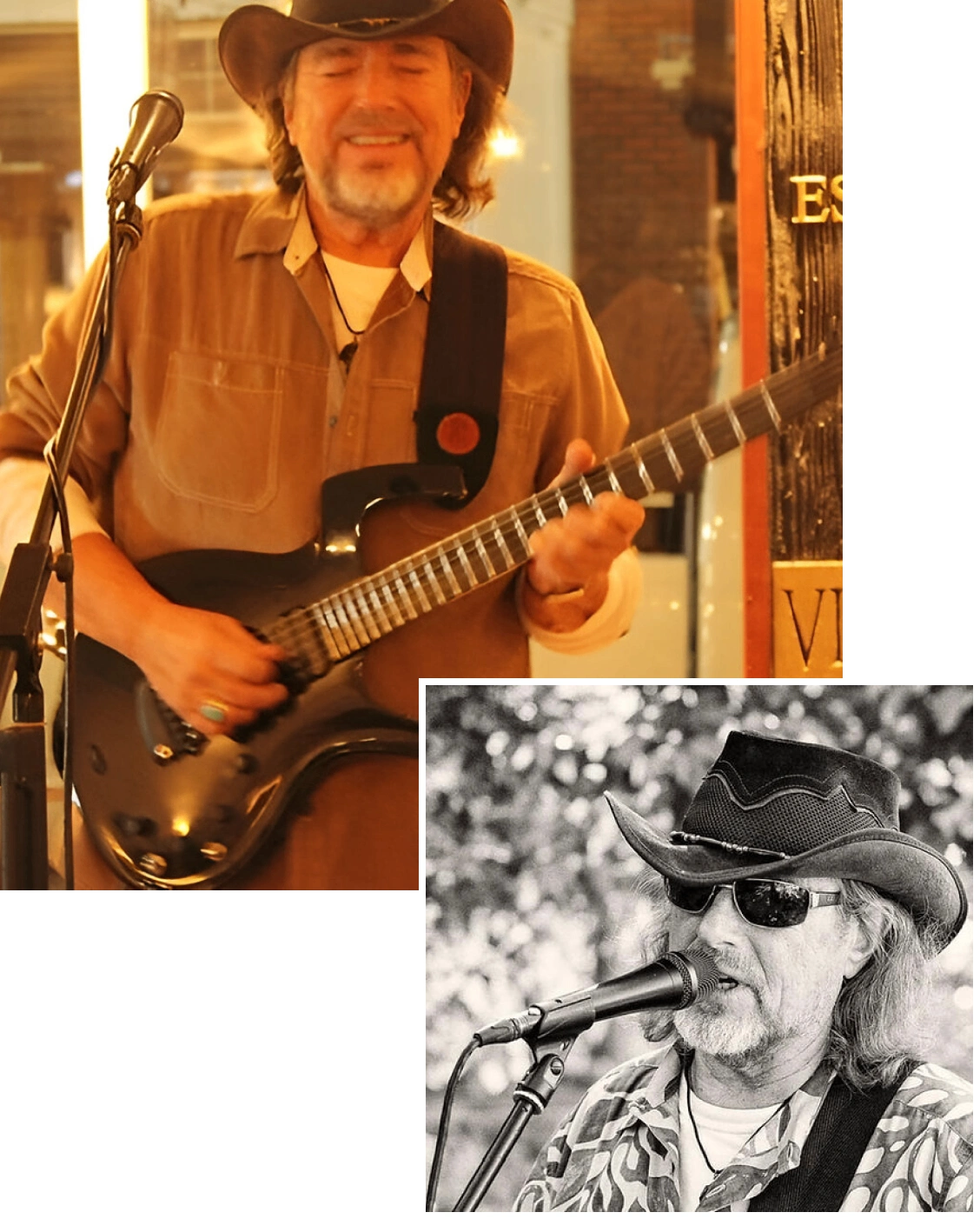 Musician playing an electric guitar on stage, wearing a hat and vest.
