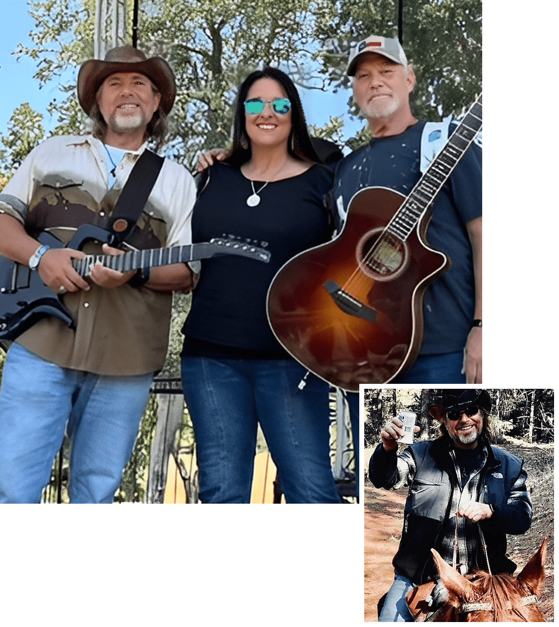 Three musicians posing outdoors with guitars, smiling brightly.